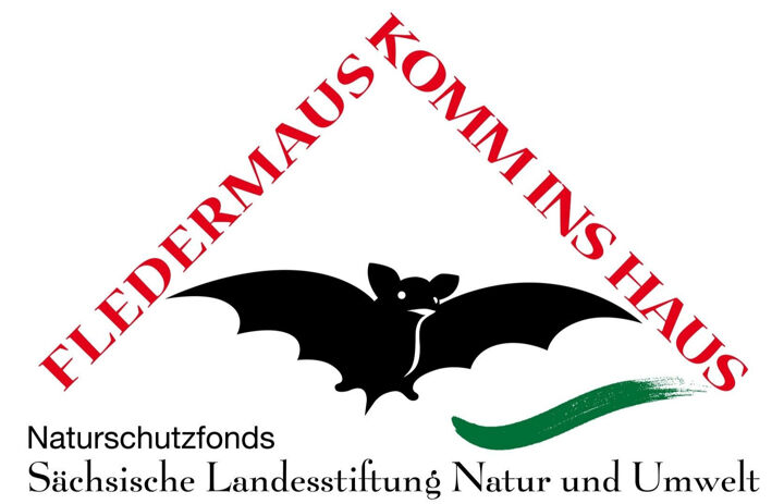 Eine schwarze, stilisierte Fledermaus ist auf dem  Logo von Fledermaus komm ins Haus der LaNU zu sehen.