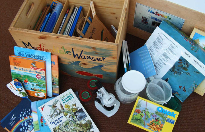 Eine Holzkiste mit der bunten Aufschrift "Medienkiste Wasser"steht auf dem Boden. Um sie herum sind informative Bücher zum Thema Wasser, ein kleiner Käscher und ein Kindermikroskop verteilt. - Link: Lebensraum Wasser