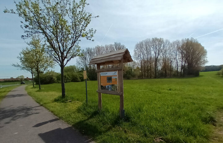 Die Gebietstafel am Radweg zwischen Köhra und Belgershain informiert über die Nutzung der Fläche und heimische Tierarten.