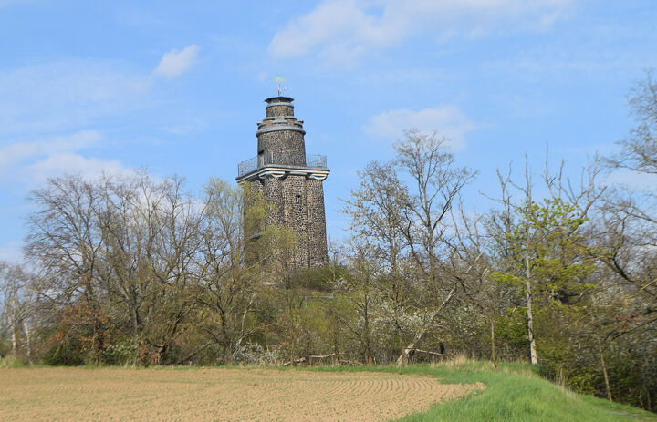 Blick auf den Aussichtsturm auf dem 148,5 Meter hohen Wachtelberg im Naturschutzgebiet „Wachtelberg-Mühlbachtal“