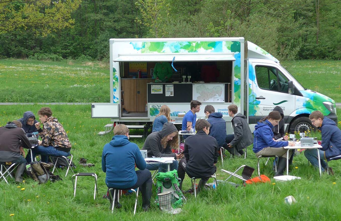 Jugendliche sitzen in Gruppen um Klapptische auf einer Wiese und schauen sich Pflanzen und Papiere auf dem Tisch an. Hinter ihnen steht das augeklappte Umweltmobil Planaria, ein weißer Bus.