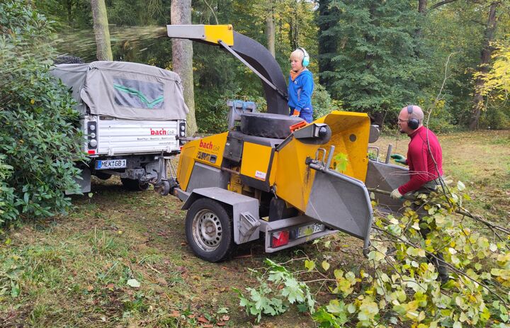 Der Grünschnitt, Äste, Kleinbäume landen im Schredder und neben dem neu frei gestellten Rhododendron.
