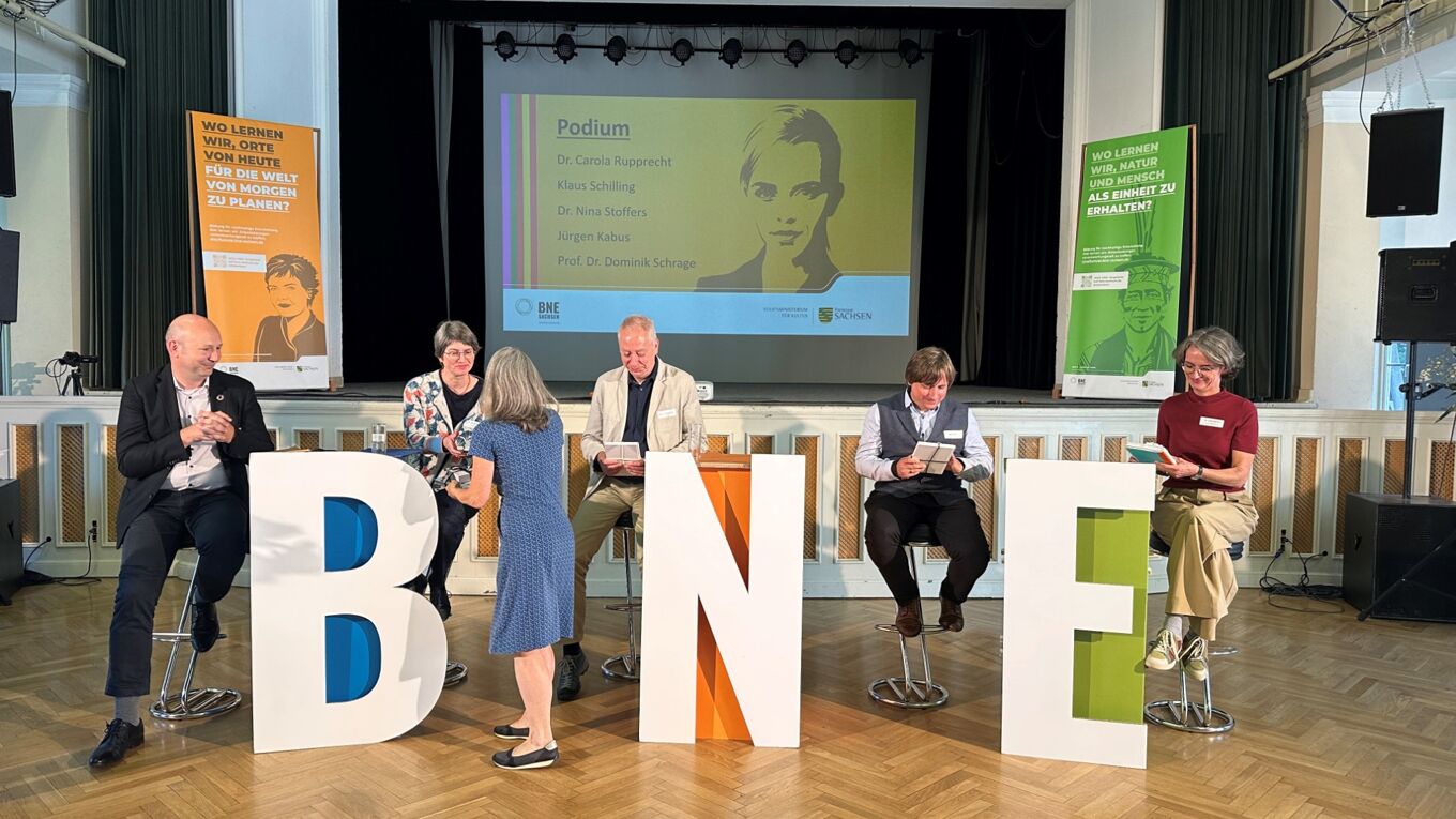Die 3 BNE-Buchstaben bei der Podiumsdiskussion beim Fachtag BNE 2025 in Chemnitz