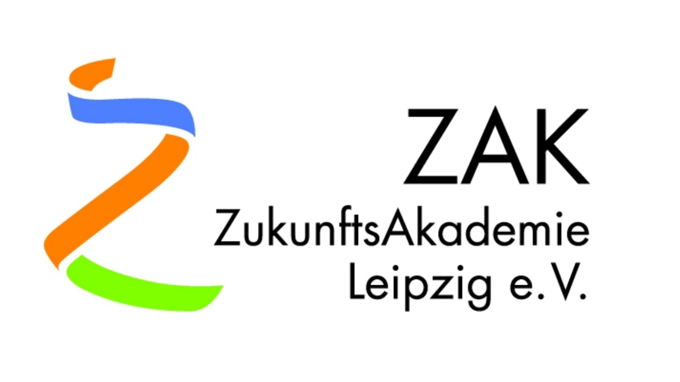 Man sieht das Logo der Zukunftsakademie Leipzig E.V. in den Farben orange, blau, hellgrün, Schrift schwarz