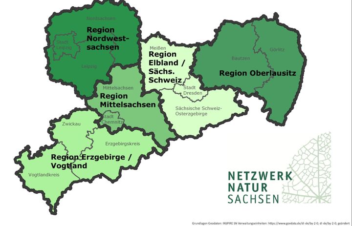 Geografische Übersicht der Regionen des Netzwerkes Natur Sachsen - Link: Netzwerk Natur Sachsen (NeNaS)