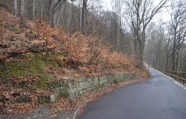Trockenmauer an der Straße im Herbst.