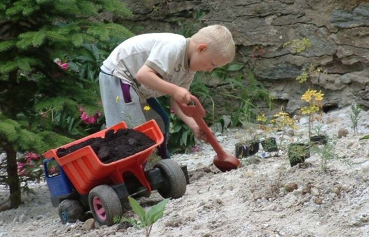 Das Bild zeigt ein Kindergarten-Kind, dass beim Einpflanzen von Blumen hilft. - Link: Modellhafte naturnahe Außenflächengestaltung