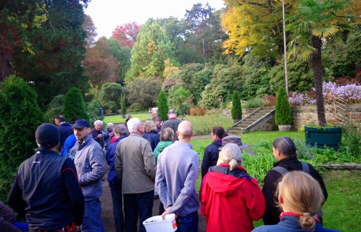 Etwa ein Dutzend Personen im Park verfolgen Erklärungen eines Referenten.