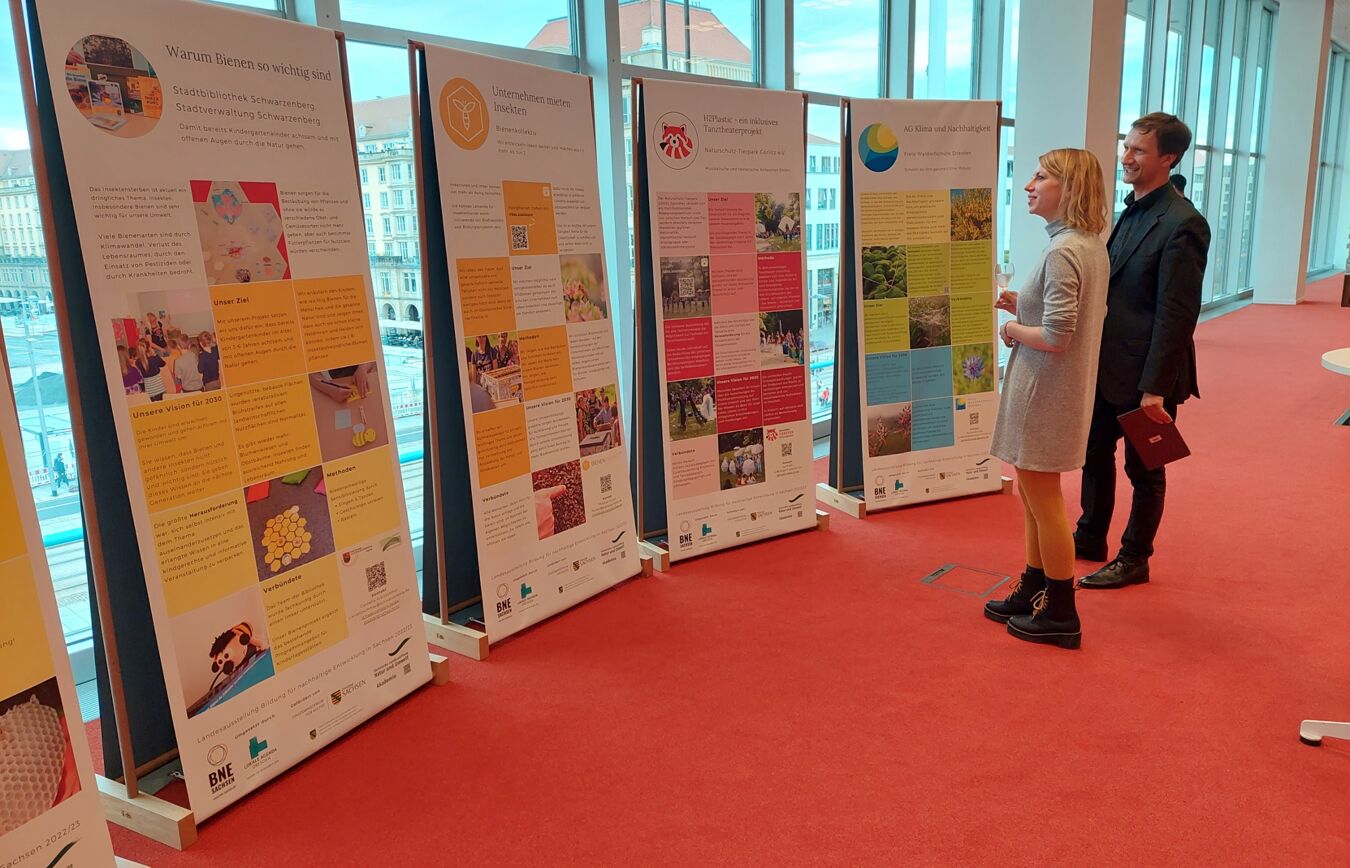 Zwei Personen schauen sich 4 Banner der sächsischen Landesausstellung BNE 2022/2023 an.
