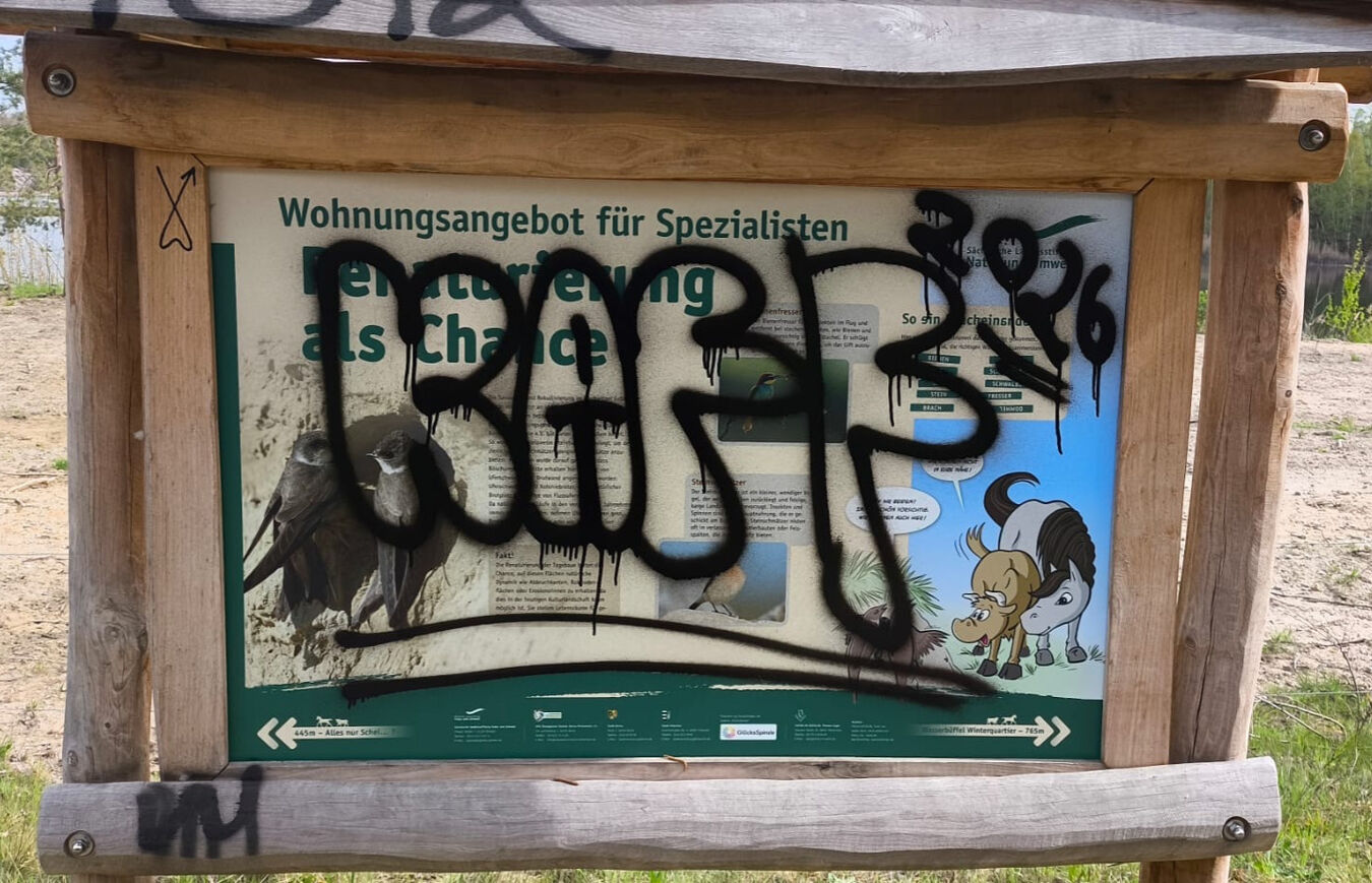 Vandalismus am Bockwitzer See: mit Graffiti beschmierte Tafel (1)