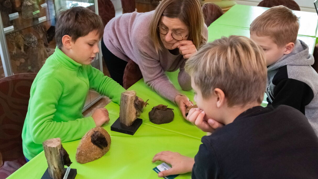 Eine Referentin und drei Kinder. Davor Fledermausmodelle auf einem Tisch.