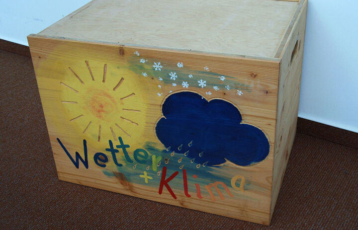 Eine Holzkiste steht auf dem Boden. Auf ihrer Voderseite ist eine gelbe Sonne, dunkelblau Wolke, Regen und Schnee gemalt. Darunter steht in bunten Buchstaben "Wetter + Klima".
