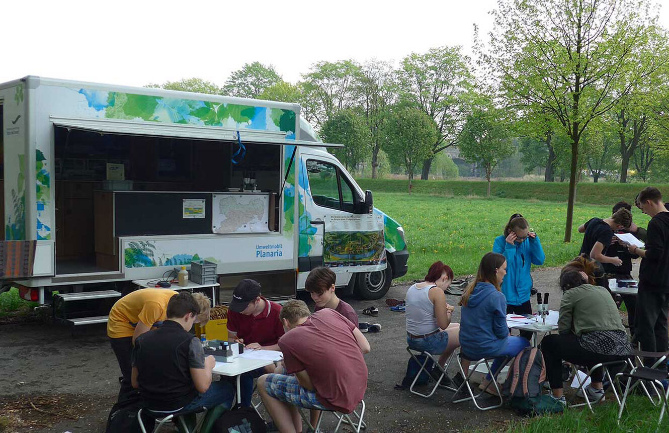 Schüler:innen sitzen in Gruppen vor dem Umweltmobil und führen Experimente durch.