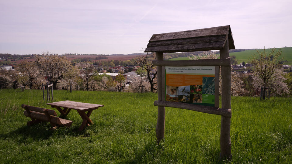 Blick auf die Gebietstafel mit einer Bank auf der Streuobstwiese Neukirchen.
