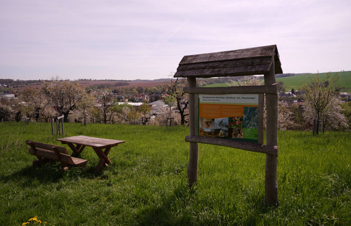 Blick auf die Gebietstafel mit einer Bank auf der Streuobstwiese Neukirchen.