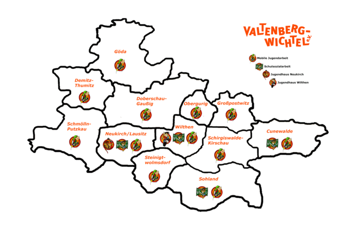 Man sieht in Regionen aufgeteilte karte, wo der Valtenbergwichtel e V. mit sozialer oder mobiler Arbeit tätig ist bzw. mit seinen Jugendhäusern.