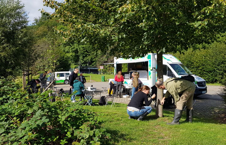 Das Umweltmobil Chemnitz steht im Grünen, davor arbeiten Seminarteilnehmende an Tischen, im Vordergrund untersuchen zwei Personen Insekten an einem Baumstamm