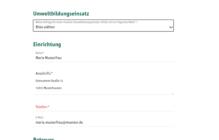 Vorschau des Buchungsformulars für Umweltmobile.