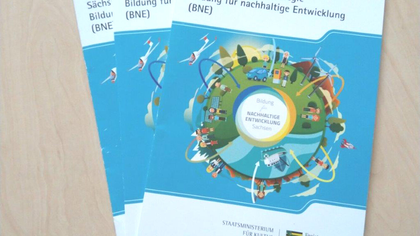 Drei Flyer der Sächsischen Landesstrategie BNE in weiß-blauem Layout.