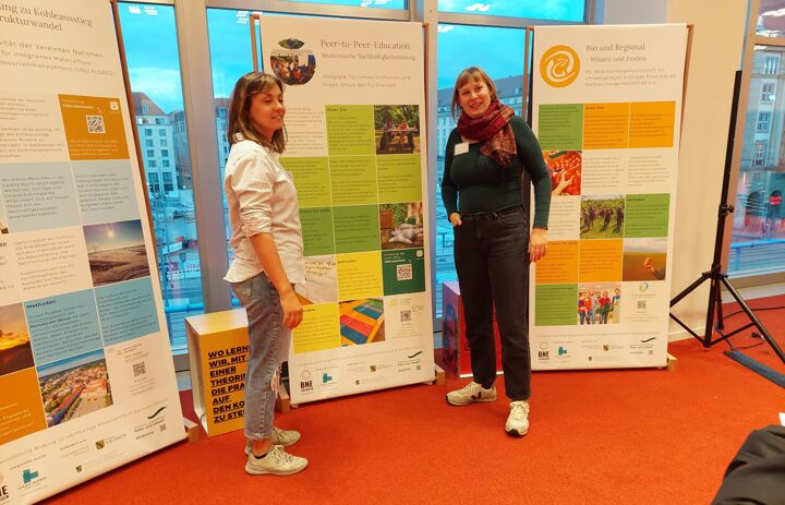 Zwei Frauen präsentieren das von Ihnen erstellte Banner der sächsischen Landesausstellung Bildung für nachhaltige Entwicklung. Weitere Banner der Ausstellung sind zu sehen.