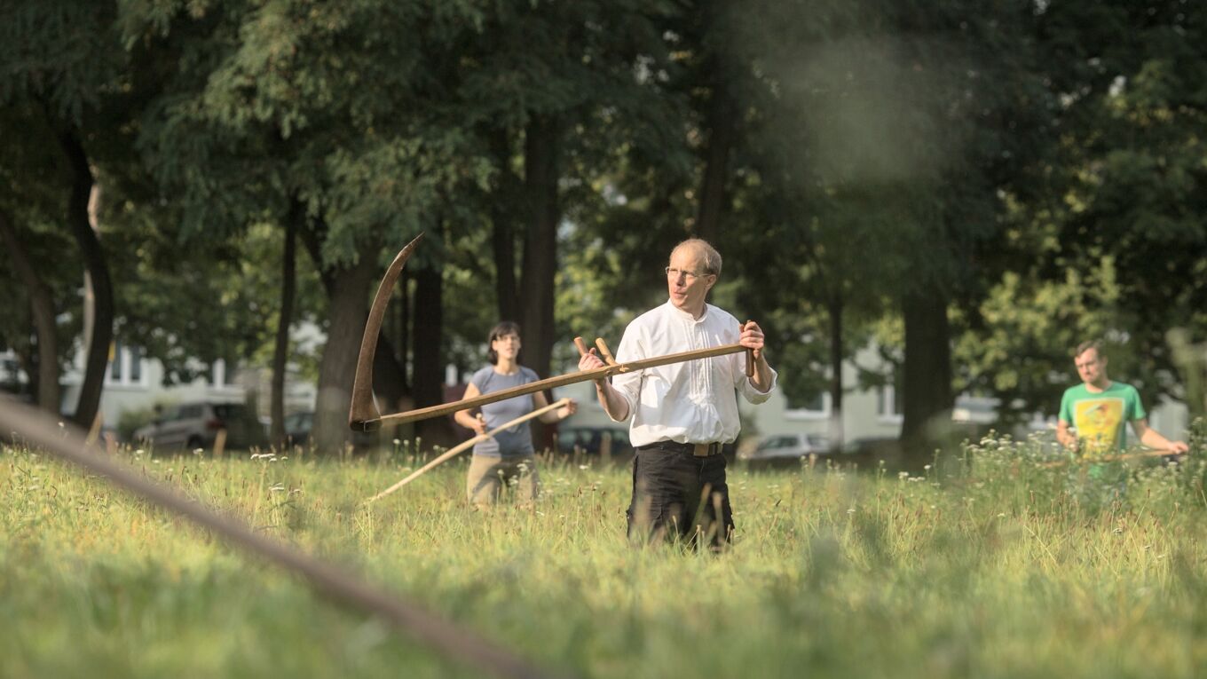 Drei Teilnehmer eines Sensenworkshops mit Sensen in den Händen auf einer Wiese.